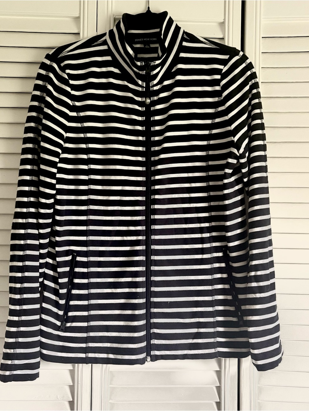 Jones New York Black and White Striped Zip-Up Jacket